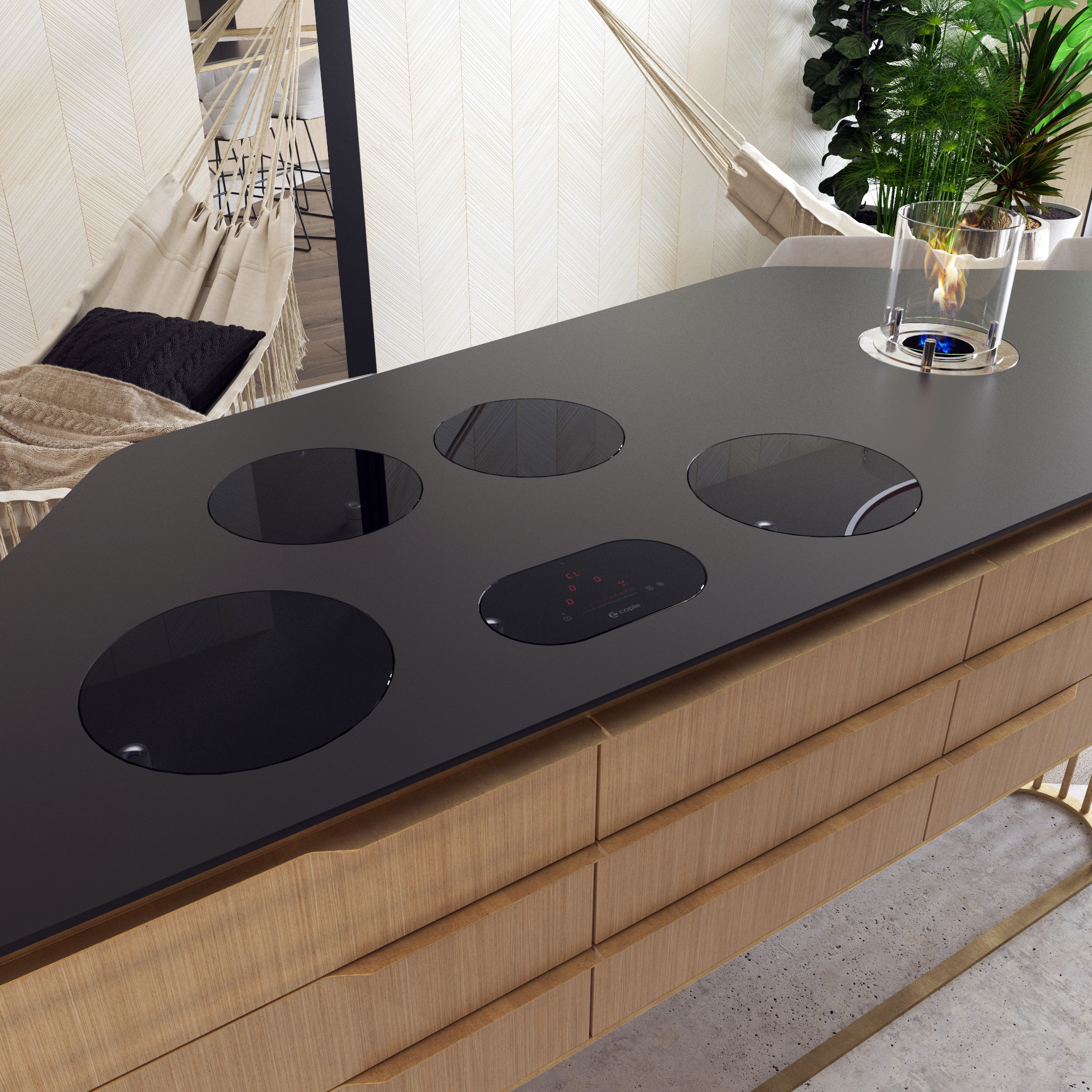 Widok kuchni z jasnym fornirem i ciepłymi tonami onyxu