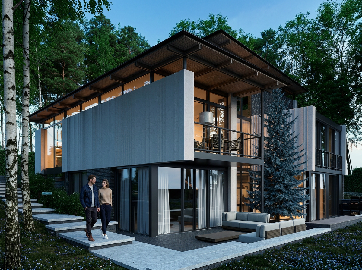 Strona ogrodowa domu z szerokimi przeszkleniami i tarasem