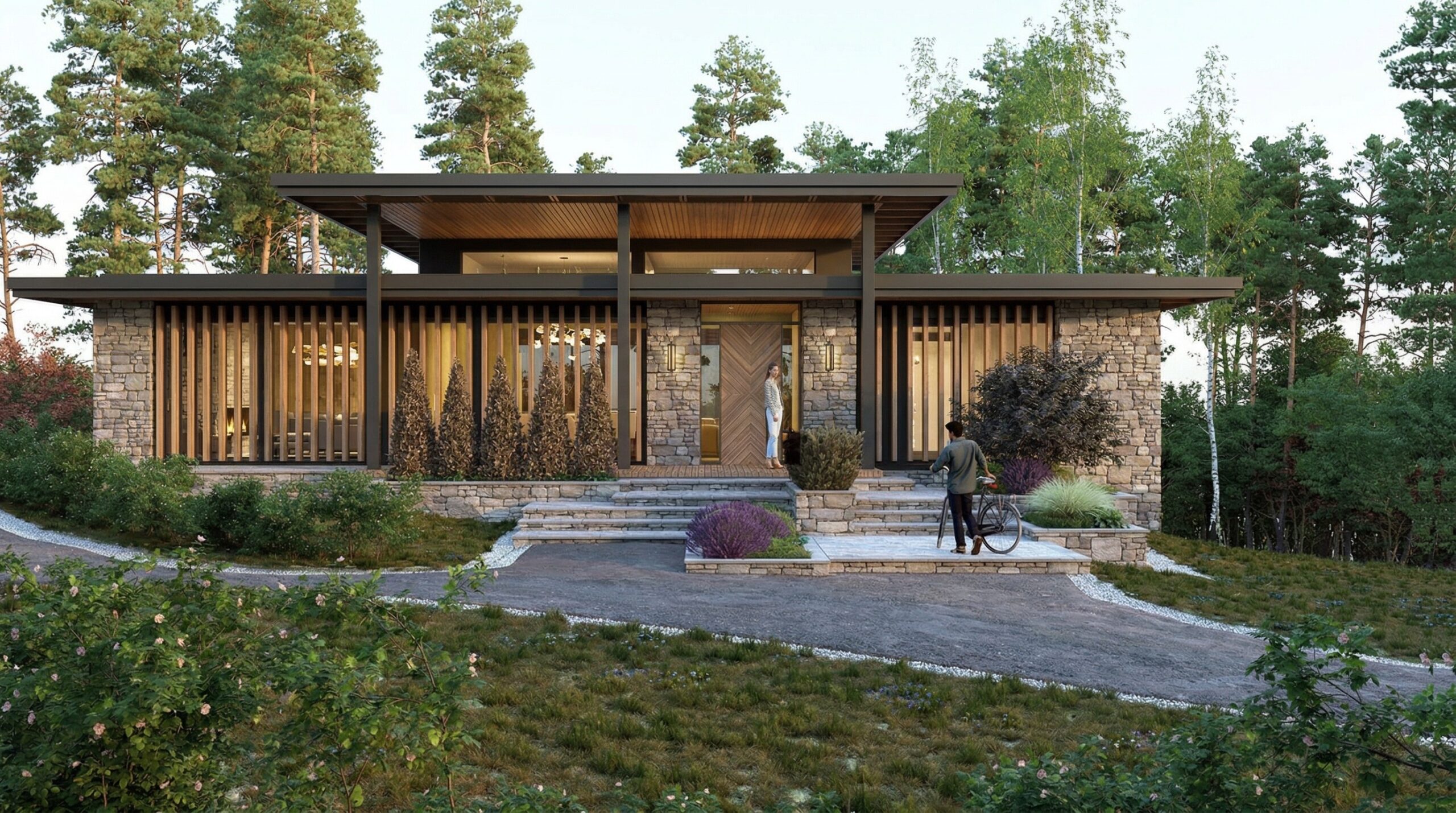 FRONT DOMU W LESIE Z PIONOWYMI DREWNIANYMI ELEMENTAMI I WYSUNIĘTYM DACHEM