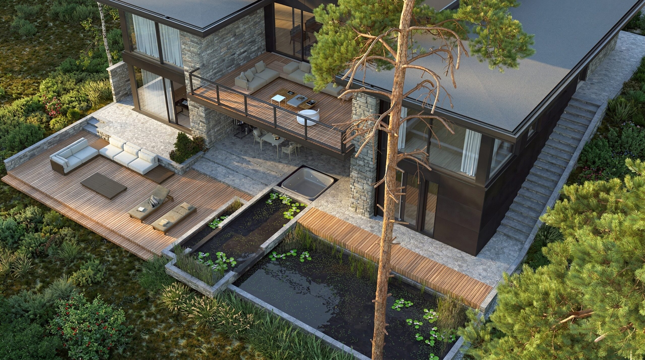 MATERIAŁY DOMU W LESIE I ZESTAWIENIE DREWNA Z CIEMNIEJSZYMI AKCENTAMI